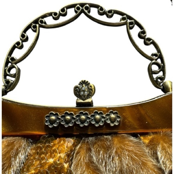 IN's Faux Fur Leather Sequins Tortoise Shell Clutch Gold Tone - Picture 3 of 13